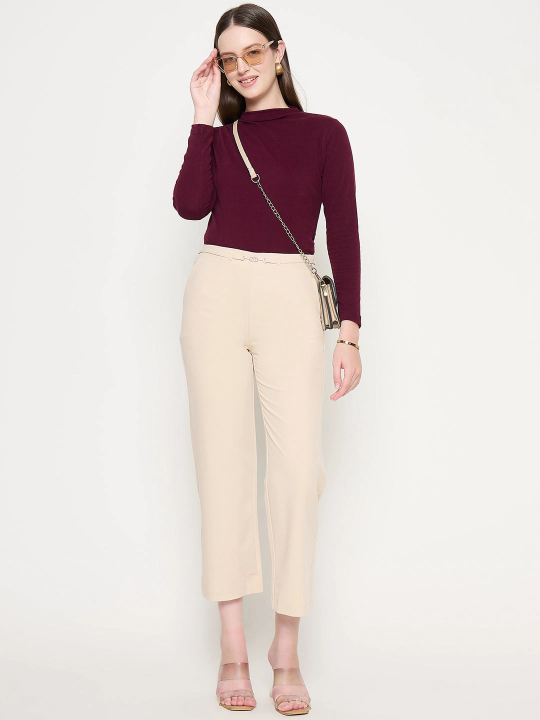 Madame Slash Pocketed Straight Fit Belted Solid Ivory Trousers No Irritation Seams Casual Appeal