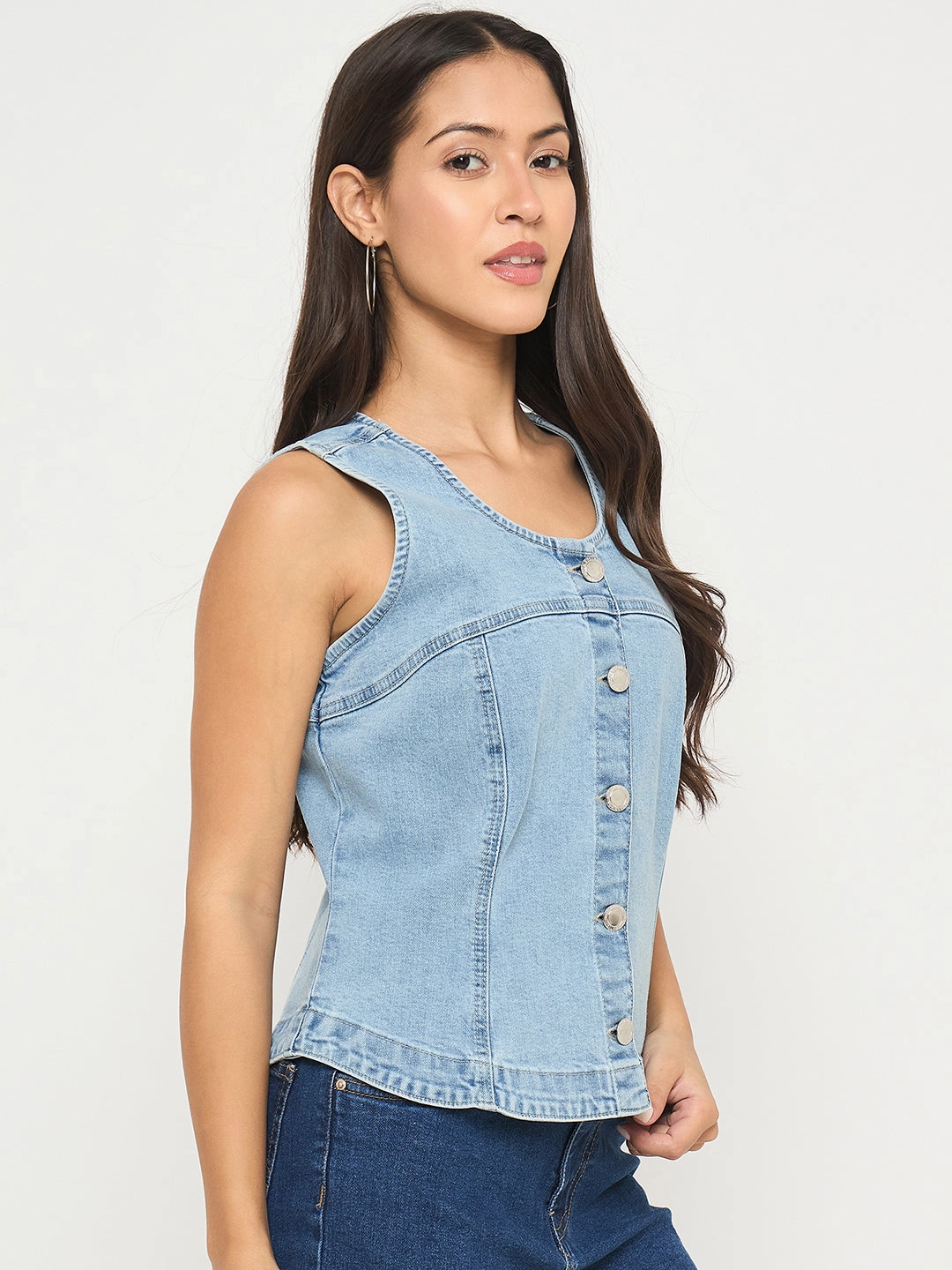 Madame Sleeveless Bright Blue Cotton Blend Bright Blue Top Anti Pilling Fabric