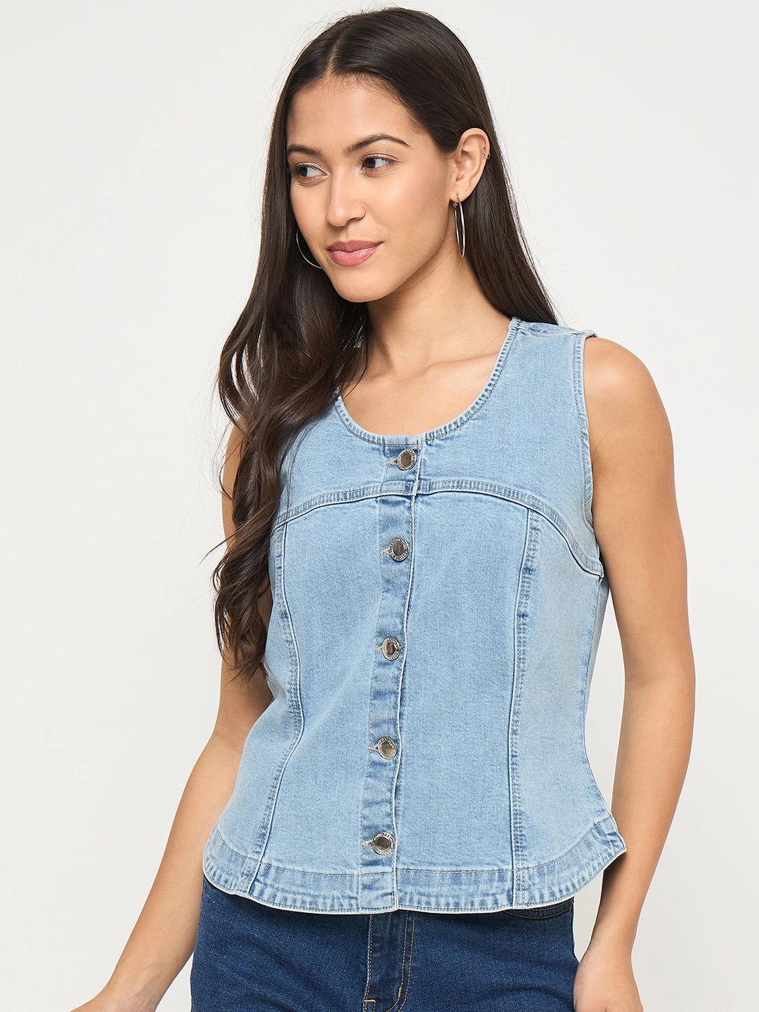 Madame Sleeveless Bright Blue Cotton Blend Bright Blue Top StaticResistantFabric