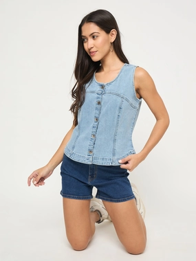 Low Profile Waistband Integration Reinforced Buttonholes Madame Sleeveless Bright Blue Cotton Blend Bright Blue Top