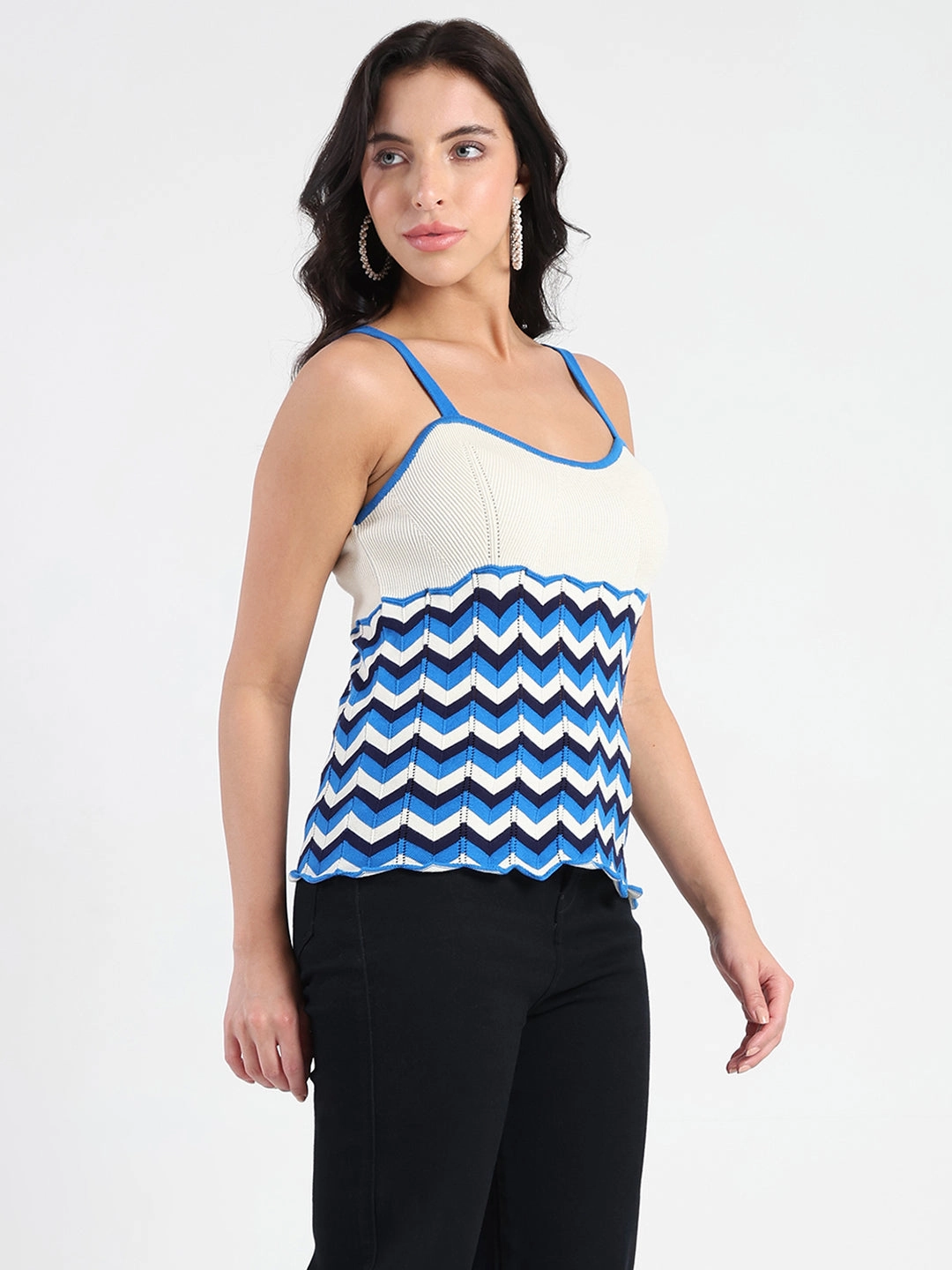 Madame Sleeveless Chevron Pattern Ribbed Trim Knit Top Tagless Comfort