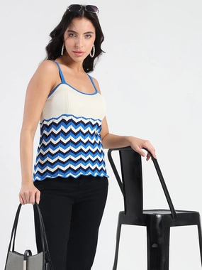 Madame Sleeveless Chevron Pattern Ribbed Trim Knit Top Interlock Stitch Detail AthleticInspired