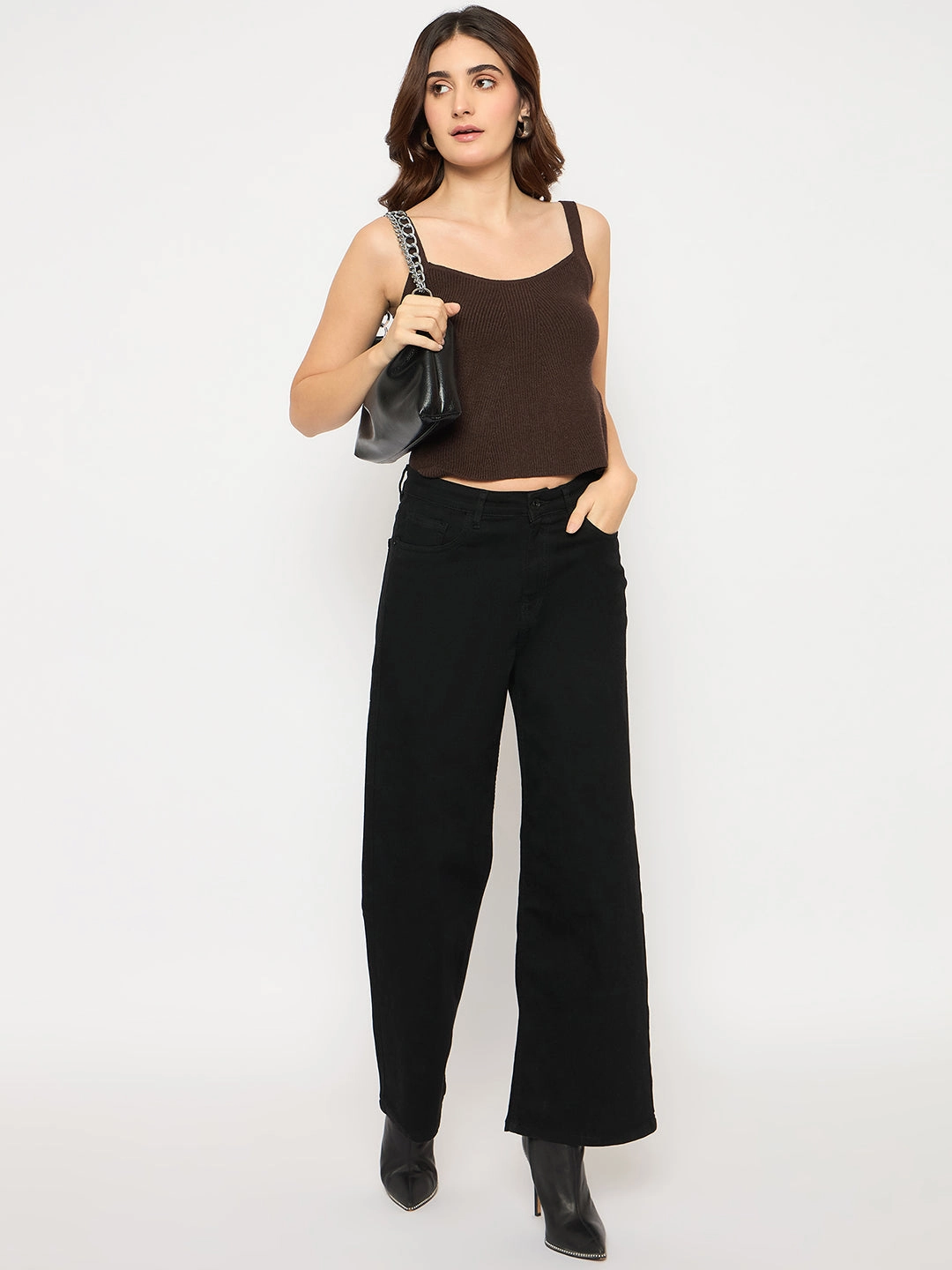 Casual Cozy Relaxed Knitwear Madame Sleeveless Solid Coffee Brown Ribbed Knit Sweater