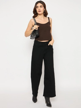 Casual Cozy Relaxed Knitwear Madame Sleeveless Solid Coffee Brown Ribbed Knit Sweater