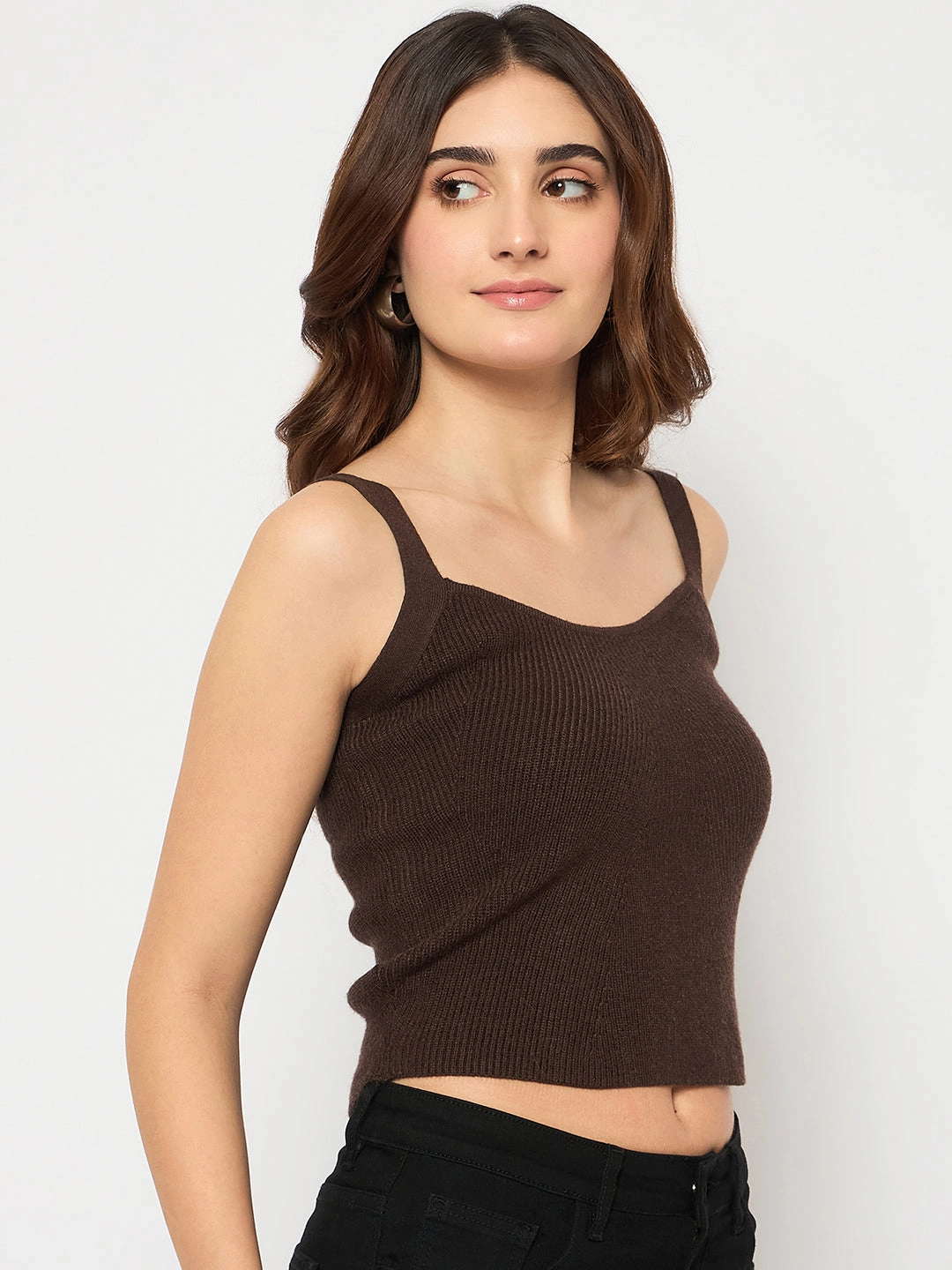 Light Knitwear Quick Dry Weave Madame Sleeveless Solid Coffee Brown Ribbed Knit Sweater