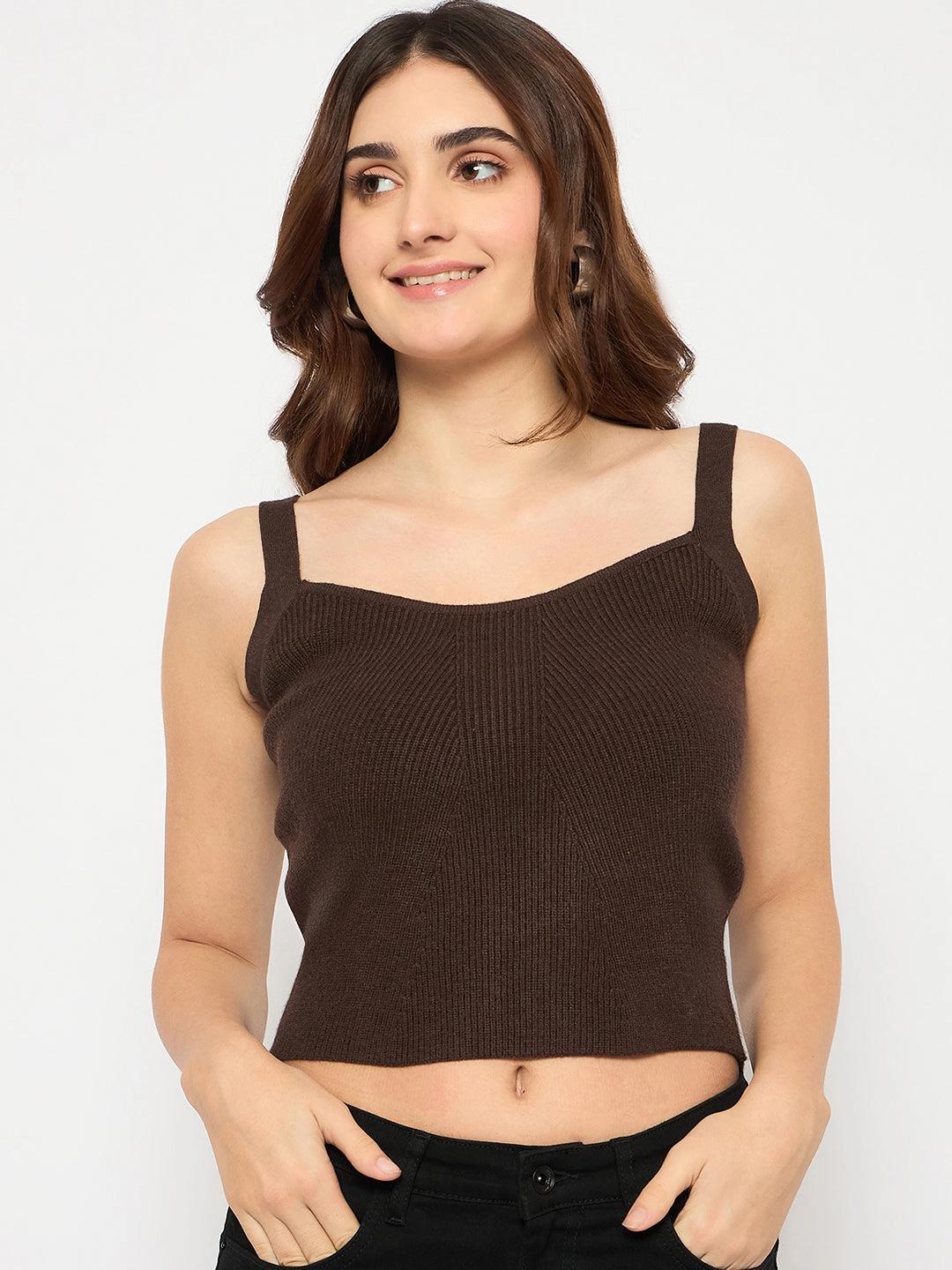 Warm Hug Madame Sleeveless Solid Coffee Brown Ribbed Knit Sweater