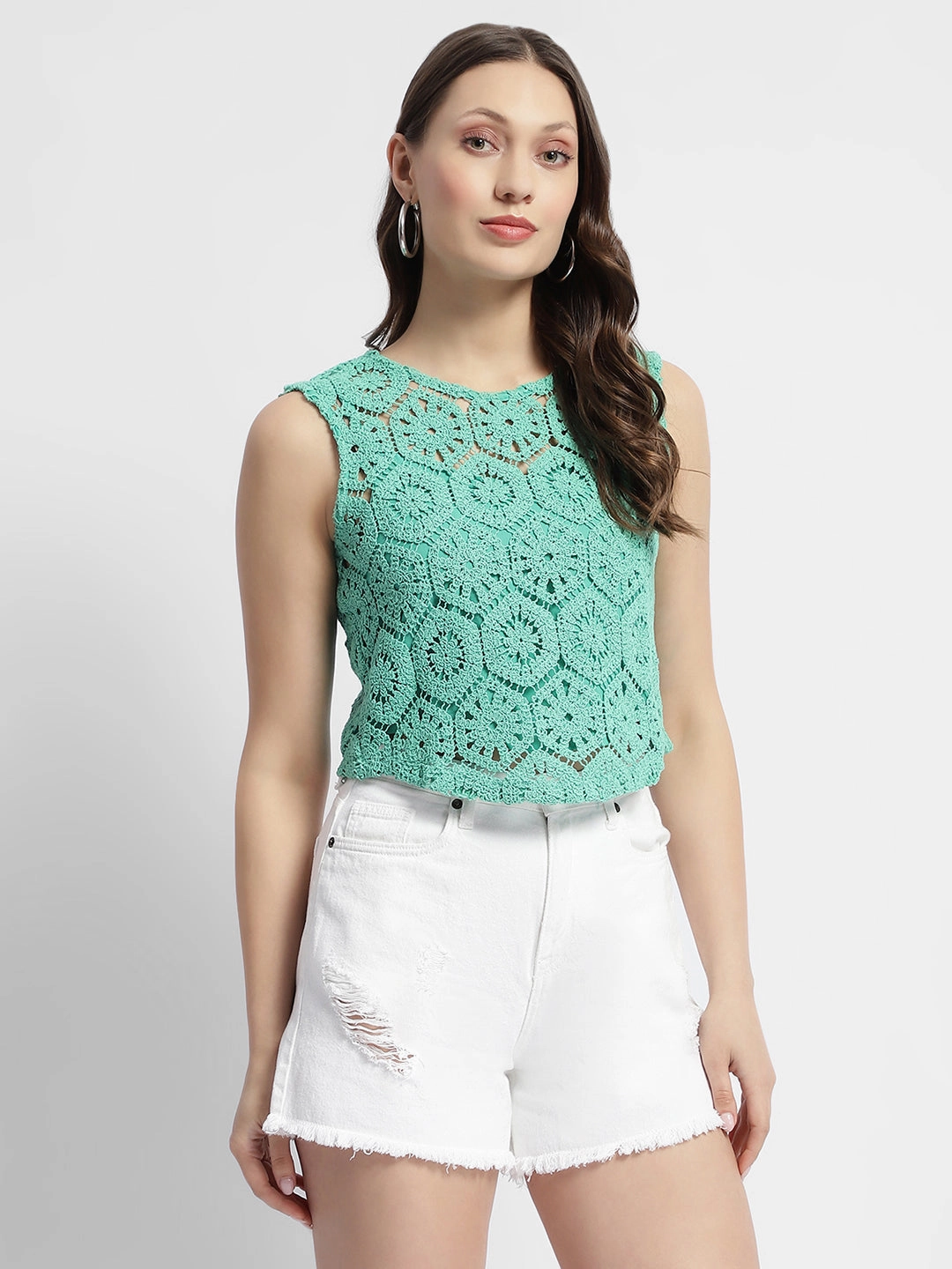 Madame Sleeveless Turquoise Green Crochet Top Comfy Fit