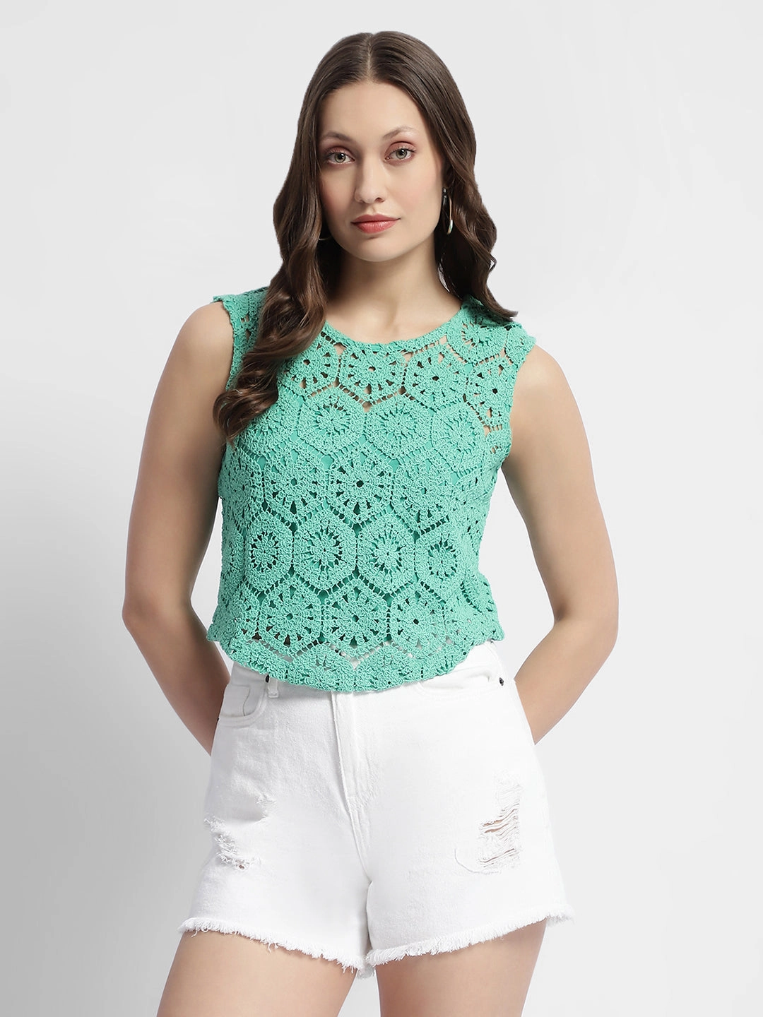 Madame Sleeveless Turquoise Green Crochet Top DoubleStitched Hem