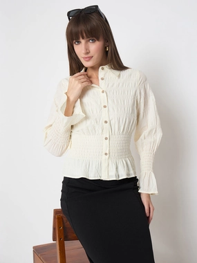 Madame Smocked Waist Off White Peplum Shirt Business casual Zip Front