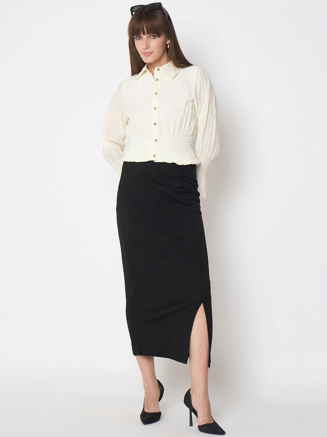 Beach Ready Madame Smocked Waist Off White Peplum Shirt