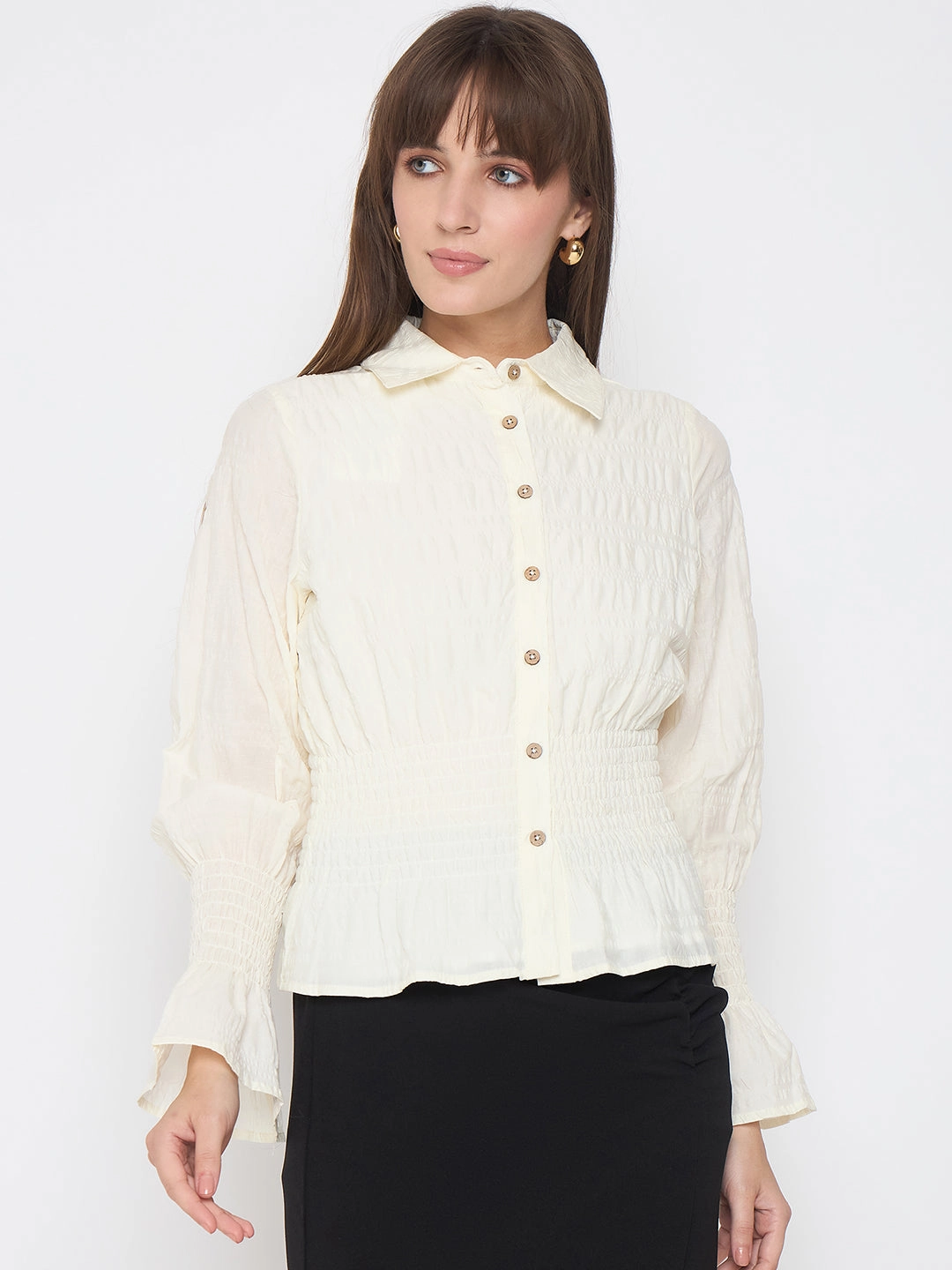 Minimalist Closure Madame Smocked Waist Off White Peplum Shirt