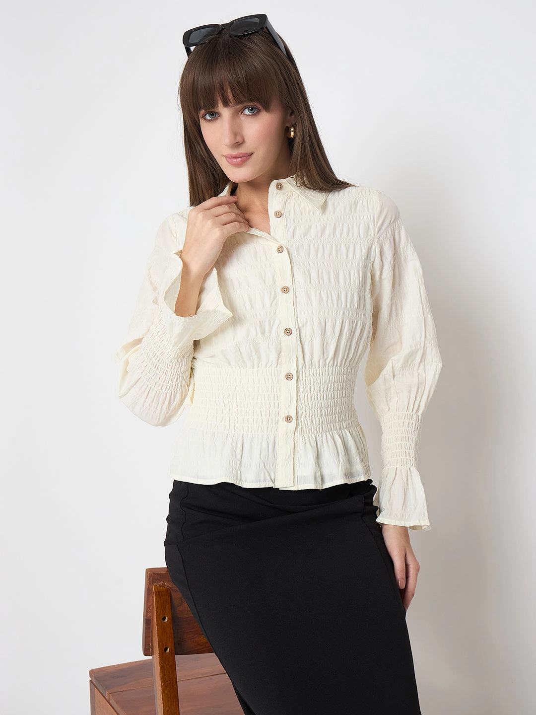Madame Smocked Waist Off White Peplum Shirt Business casual Zip Front