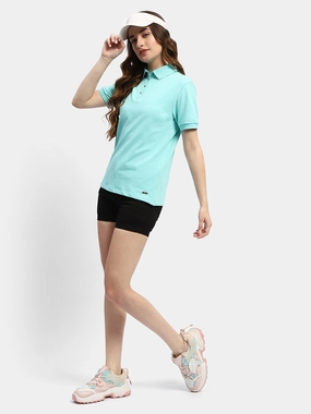 Lightweight Knit Madame Solid Aqua Blue Polo Neck T-Shirt