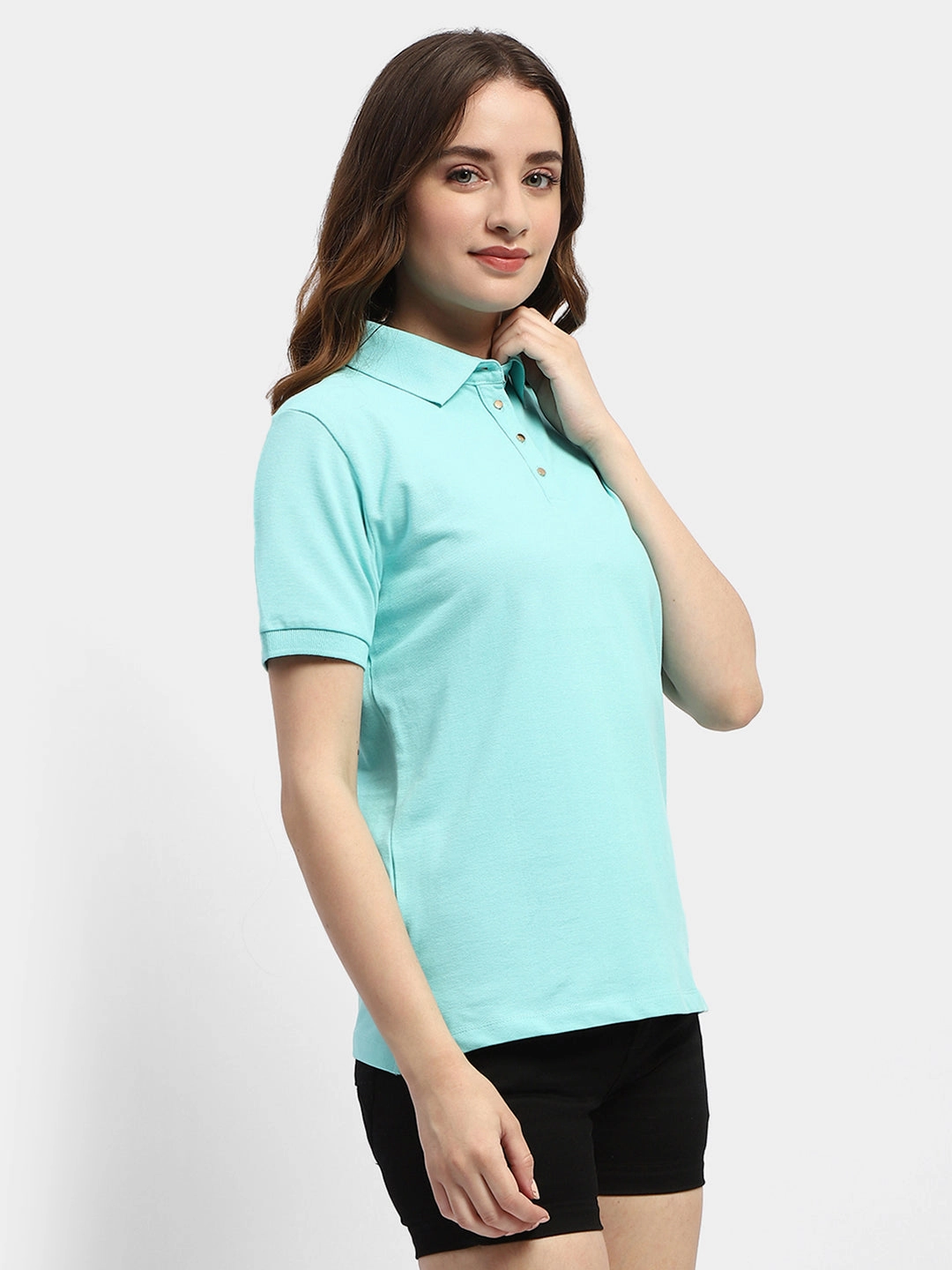 Foldable Cuff Design Madame Solid Aqua Blue Polo Neck T-Shirt