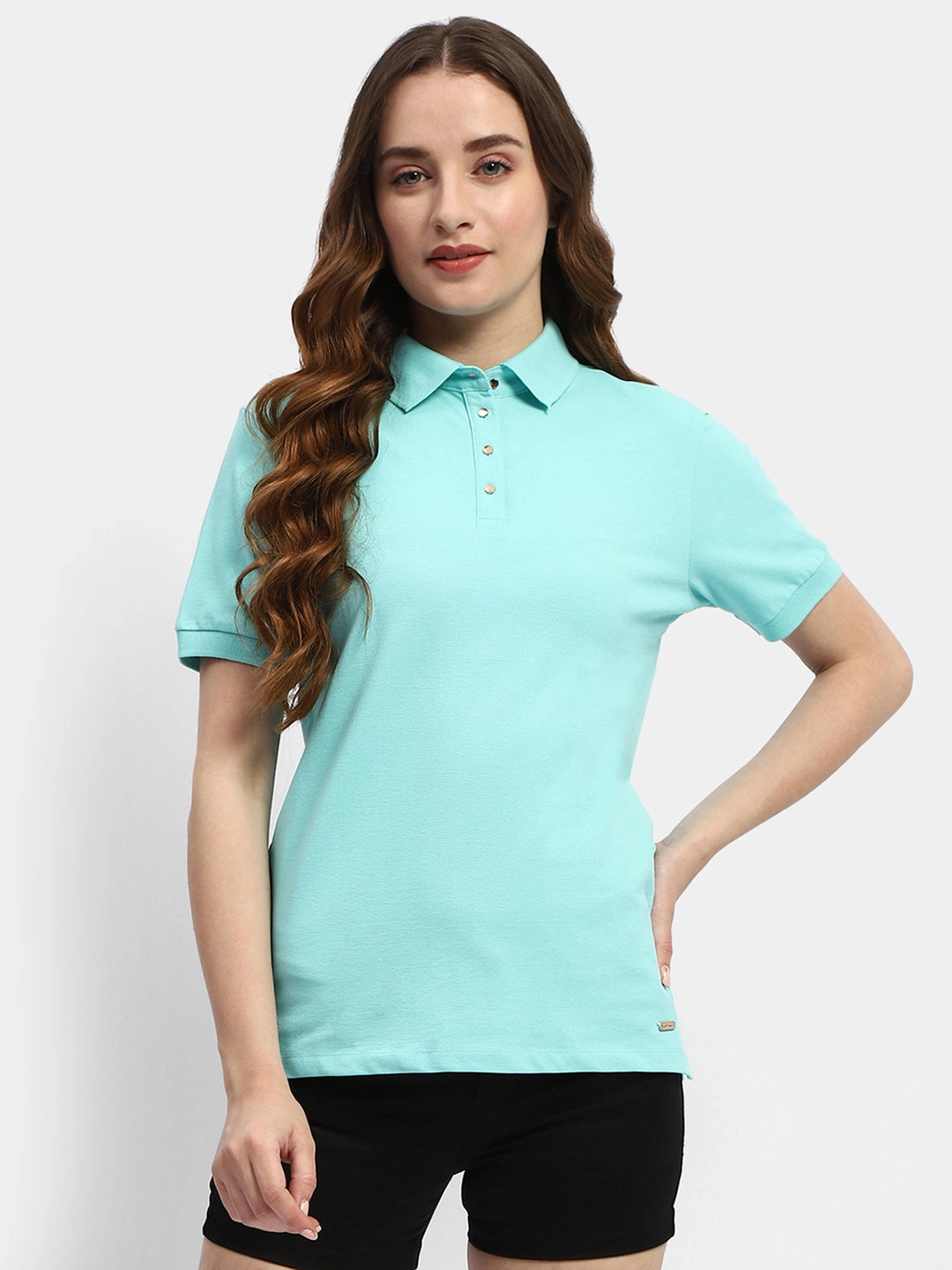 Madame Solid Aqua Blue Polo Neck T-Shirt Neutral Tone Stitching AntiStaticInnerLining