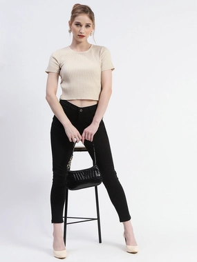 Madame Solid Beige Ribbed Crew Neck Crop Top Biodegradable material TemperatureRegulating