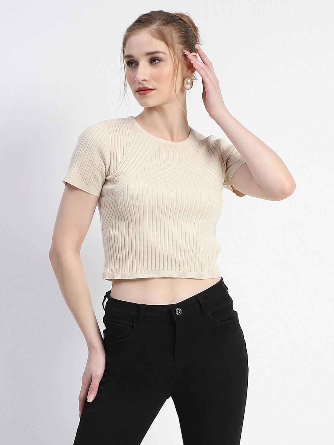 Madame Solid Beige Ribbed Crew Neck Crop Top LowProfile Zipper