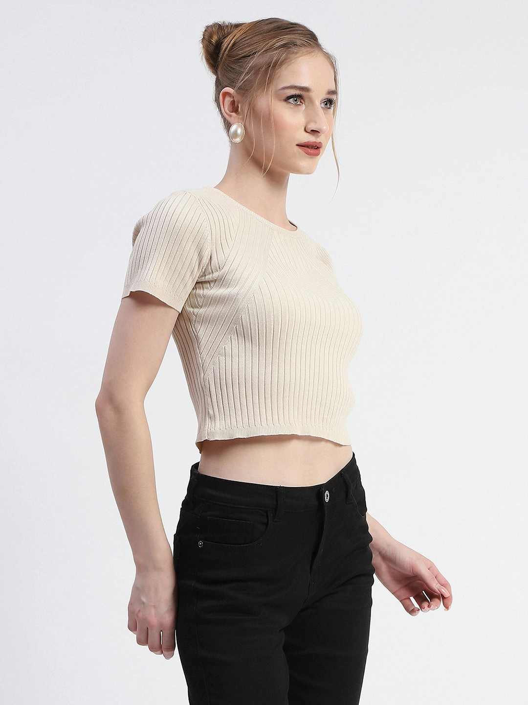 Thermoregulating Fabric Madame Solid Beige Ribbed Crew Neck Crop Top