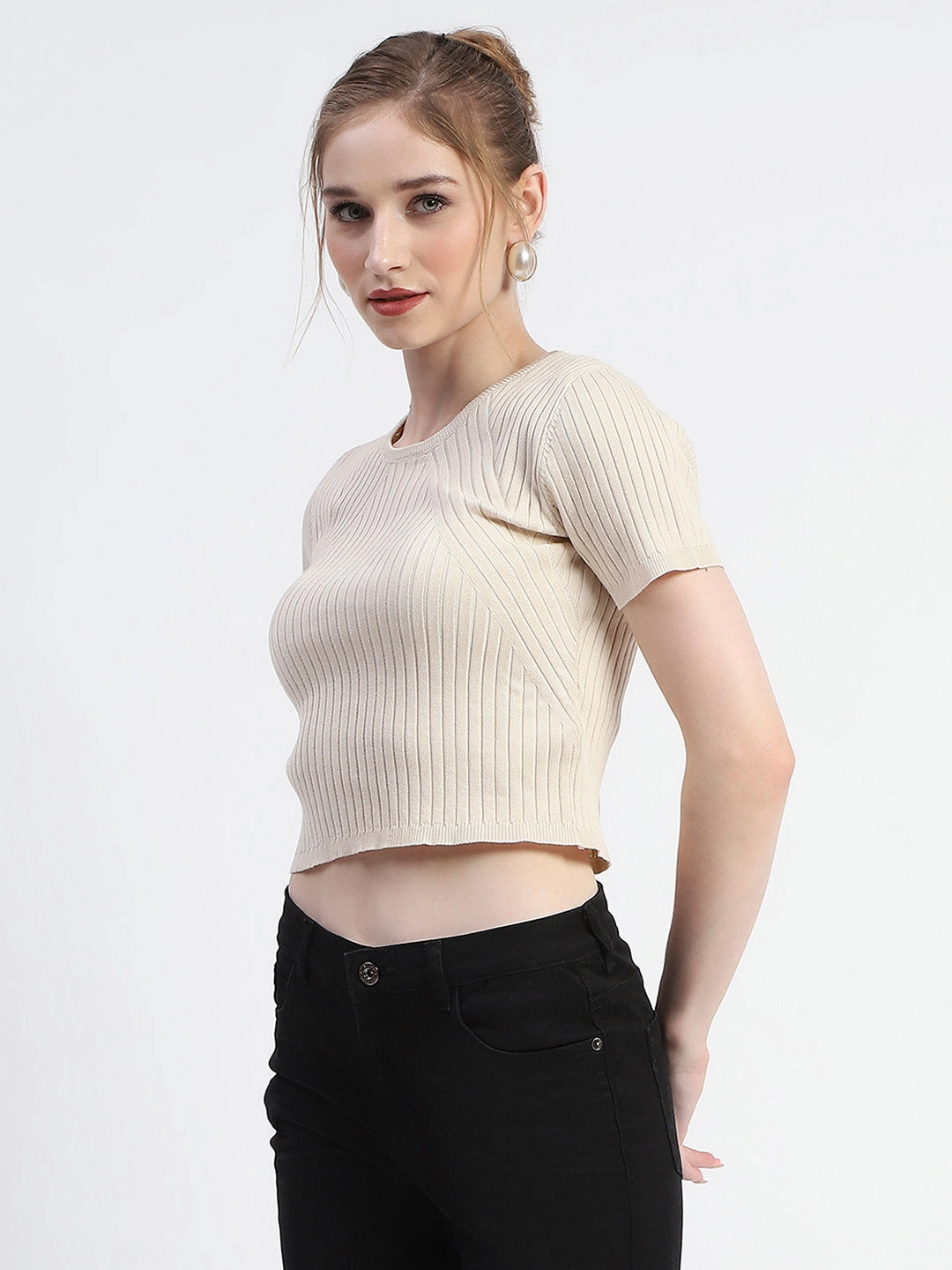 Madame Solid Beige Ribbed Crew Neck Crop Top AbrasionResistant