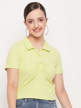 NonRestrictive Cut Madame Solid Green Cotton Collared Tshirt