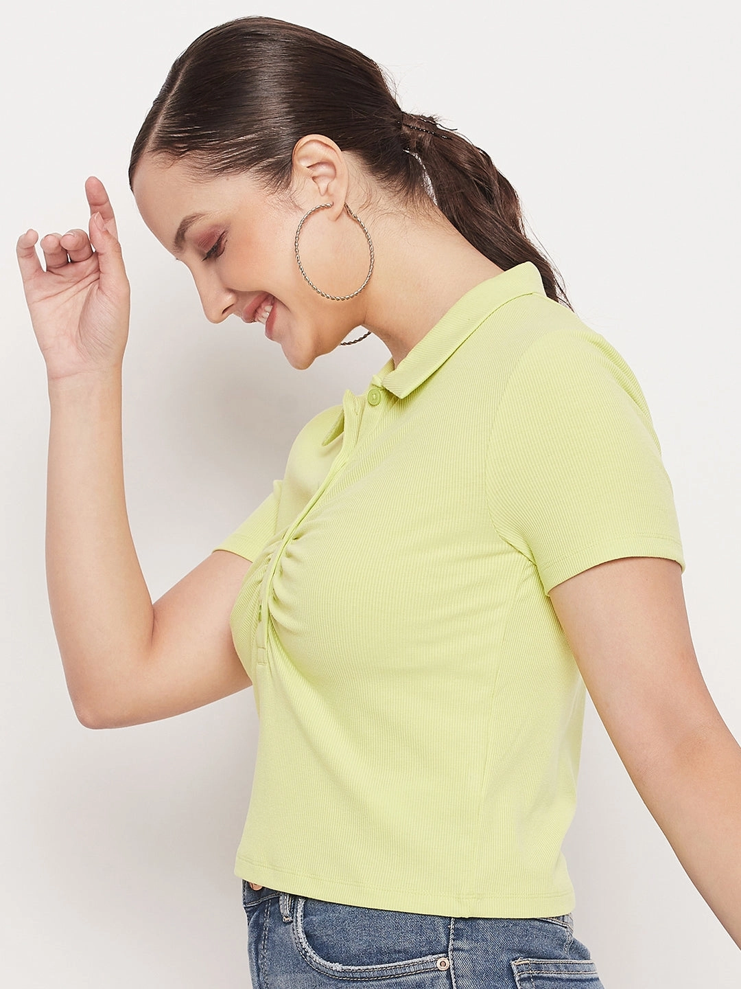 Madame Solid Green Cotton Collared Tshirt Midweight Four Way Stretch
