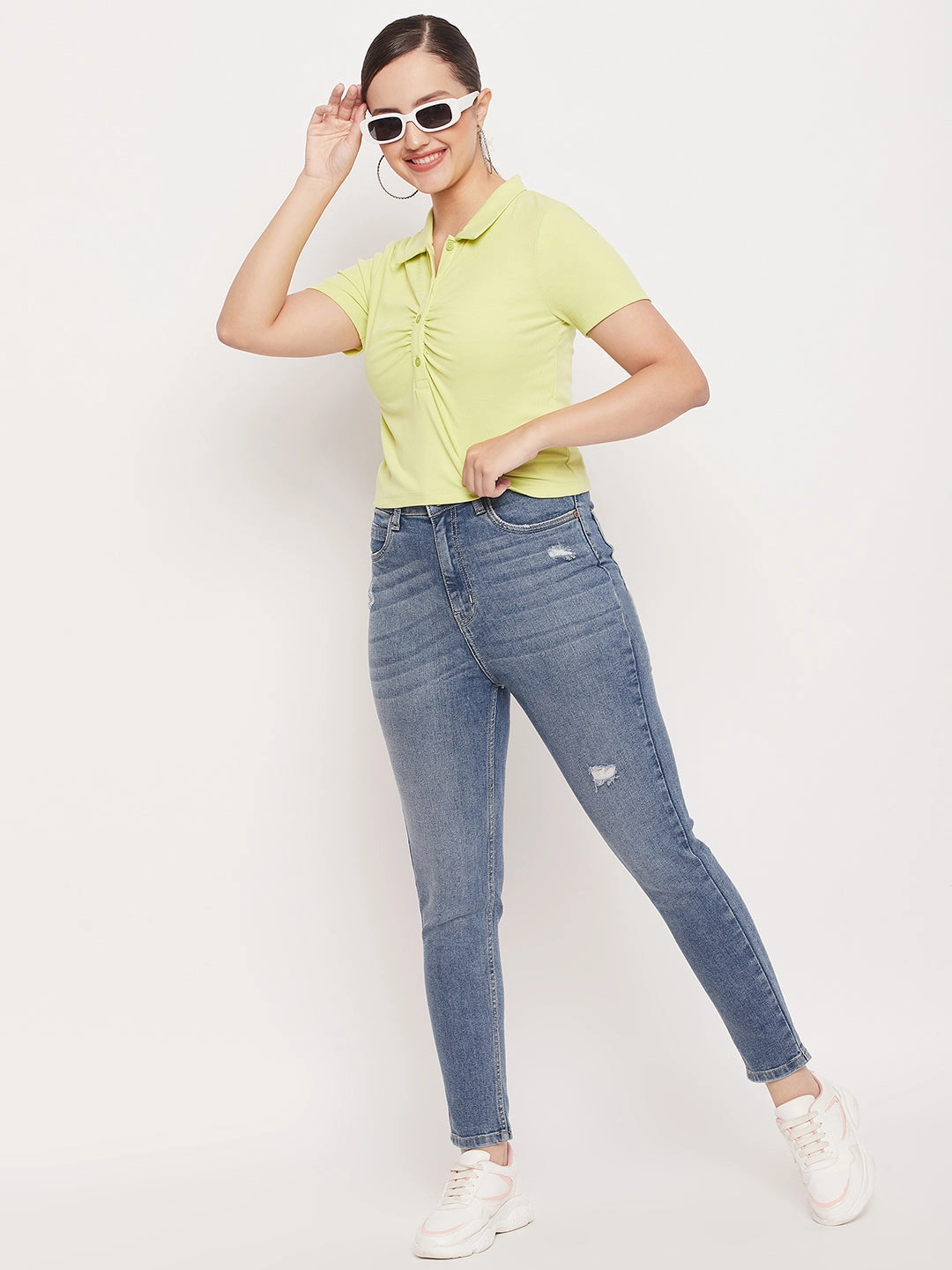 Madame Solid Green Cotton Collared Tshirt FadeResistant Coating Quick Release Fasteners