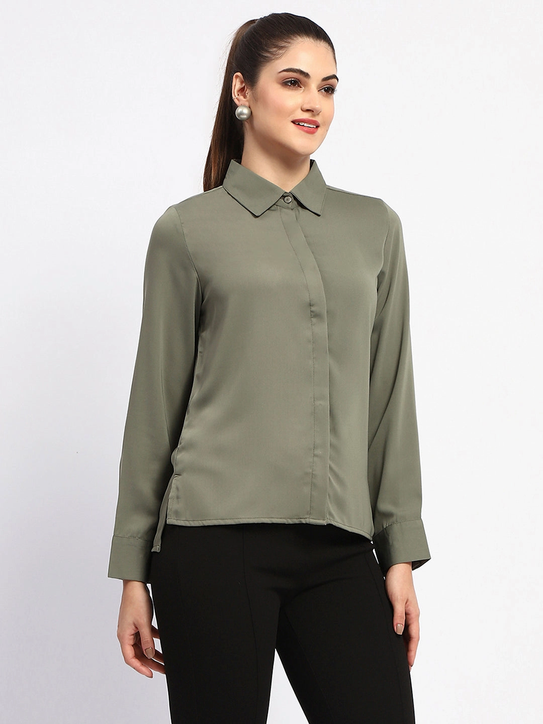 Subtle Details Madame Solid Green Cuff Sleeve Shirt
