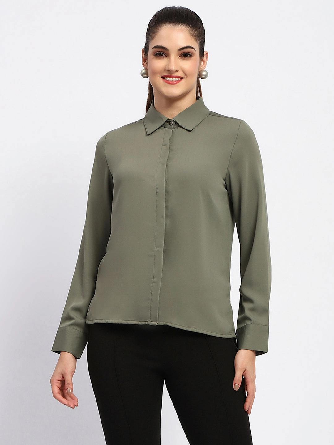 Special Occasion Soft Stretch Collar Madame Solid Green Cuff Sleeve Shirt