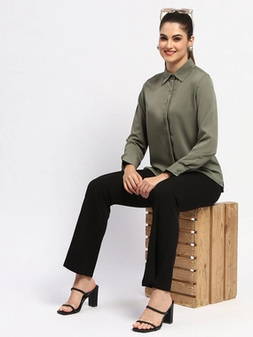 Quick Dry Technology Madame Solid Green Cuff Sleeve Shirt
