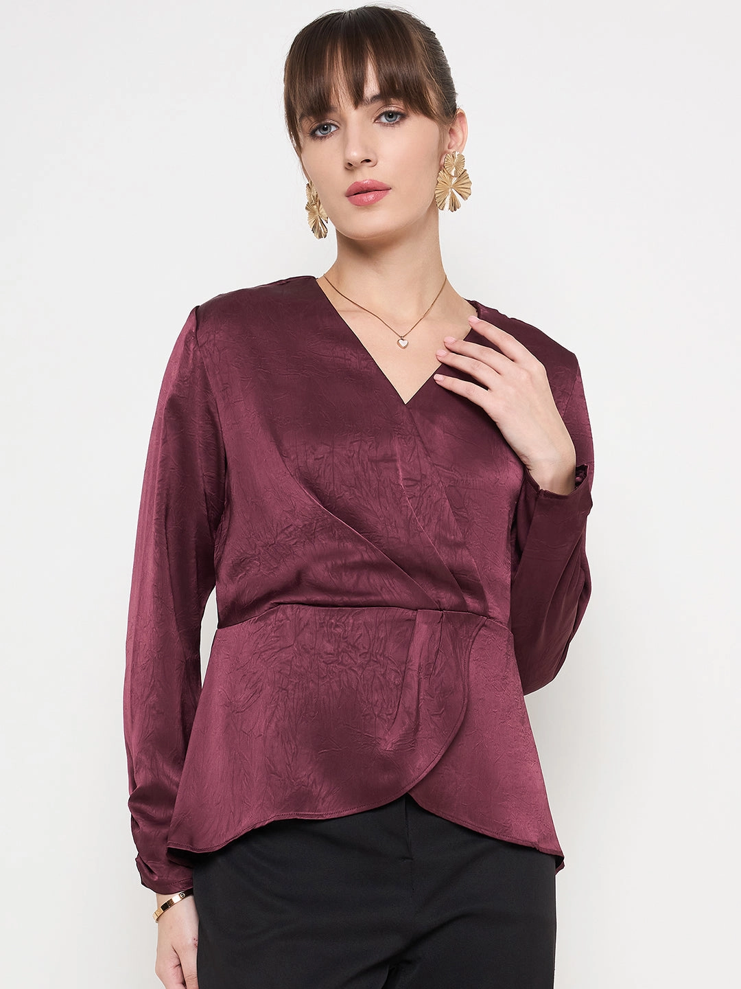 Moisture Management Madame Solid Maroon Overlap Asymmetrical Ruched Sleeve Satin Top