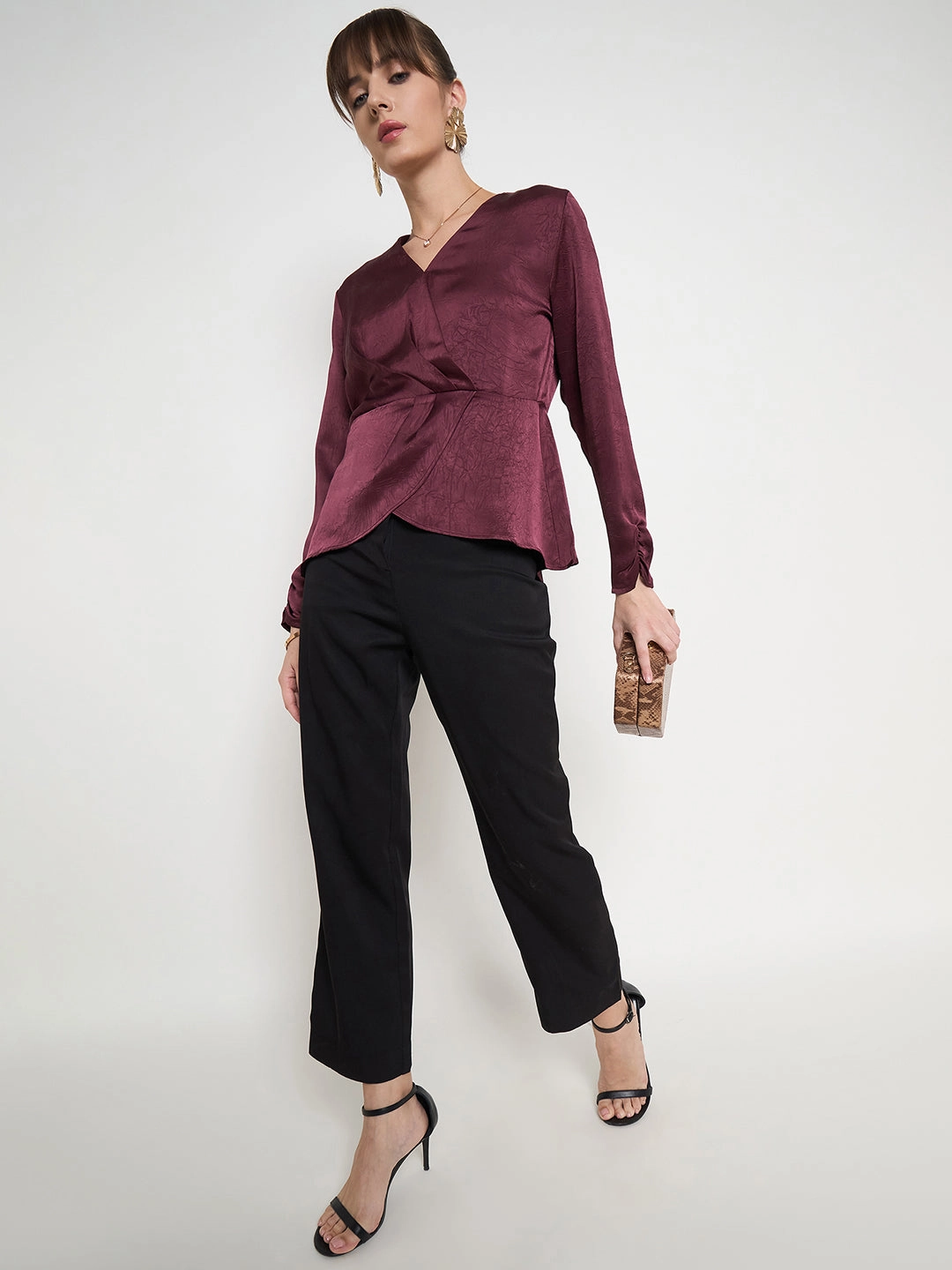 Madame Solid Maroon Overlap Asymmetrical Ruched Sleeve Satin Top Minimalist Stitching