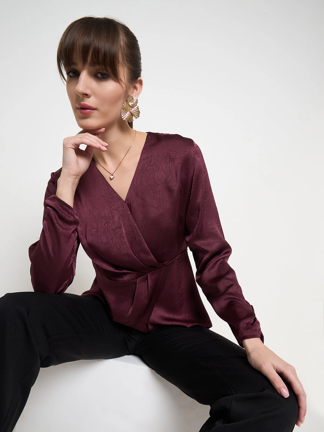 Madame Solid Maroon Overlap Asymmetrical Ruched Sleeve Satin Top UniversalFit Minimalist Stitching
