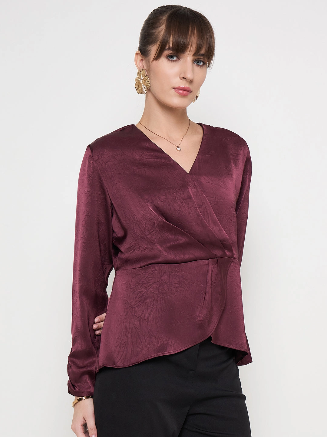 Madame Solid Maroon Overlap Asymmetrical Ruched Sleeve Satin Top Printed Hoodie NonIrritatingStitching