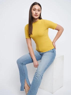 AntiPill Finish FrictionResistantEdges Madame Solid Mustard Yellow Lettuce Hem Top