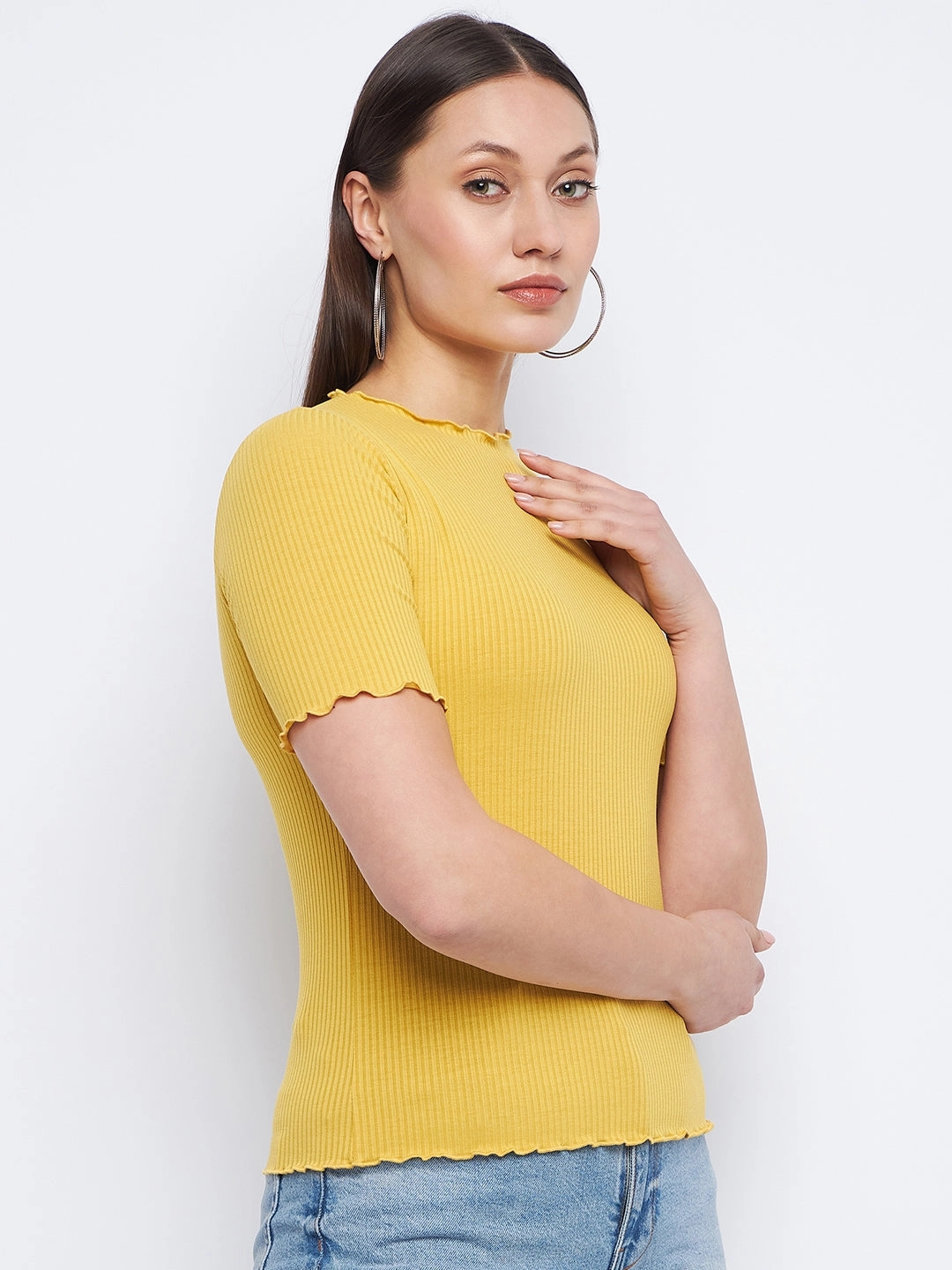 MeshVentilation HighNeck Madame Solid Mustard Yellow Lettuce Hem Top