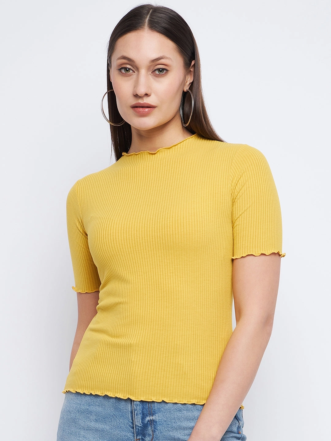 Flexible Waistband Adaptation Madame Solid Mustard Yellow Lettuce Hem Top
