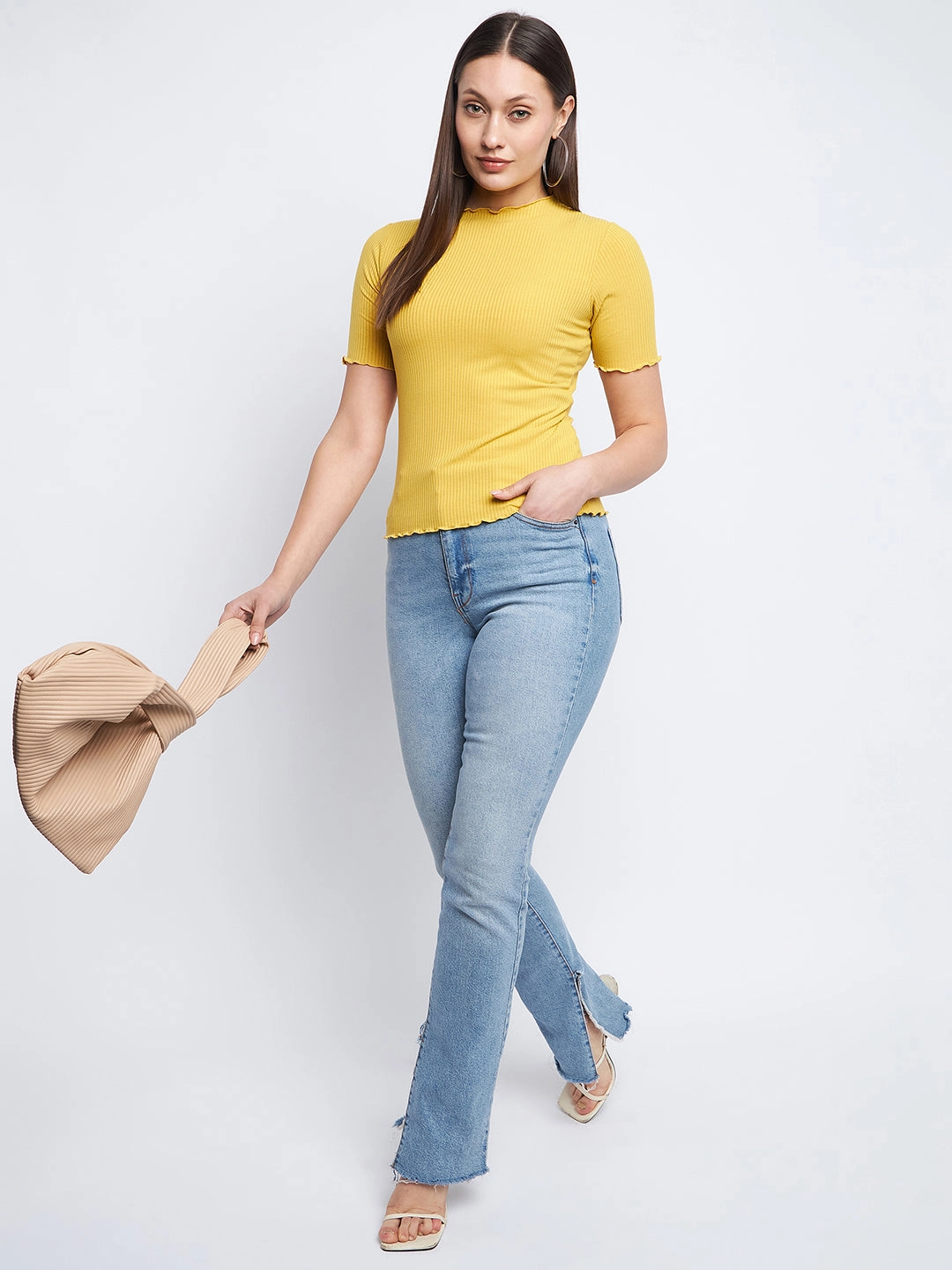 Madame Solid Mustard Yellow Lettuce Hem Top SeamlessKnitConstruction Breathable Construction