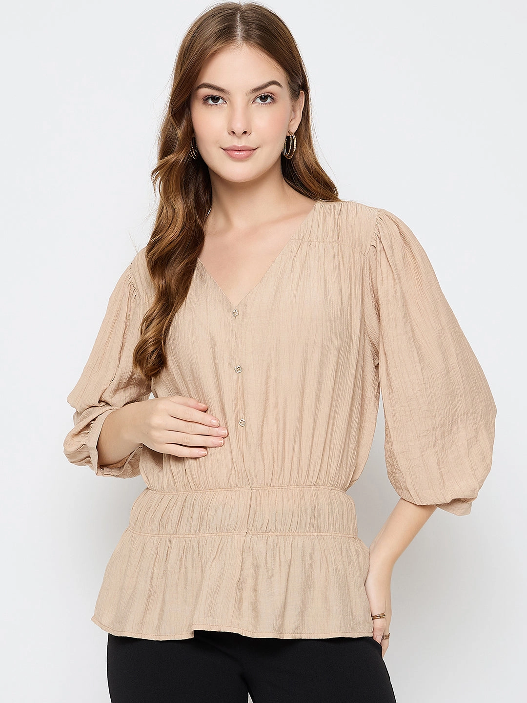 ButterSoftTexture SmoothZipper Madame Solid Rayon Blend Beige Peplum Top