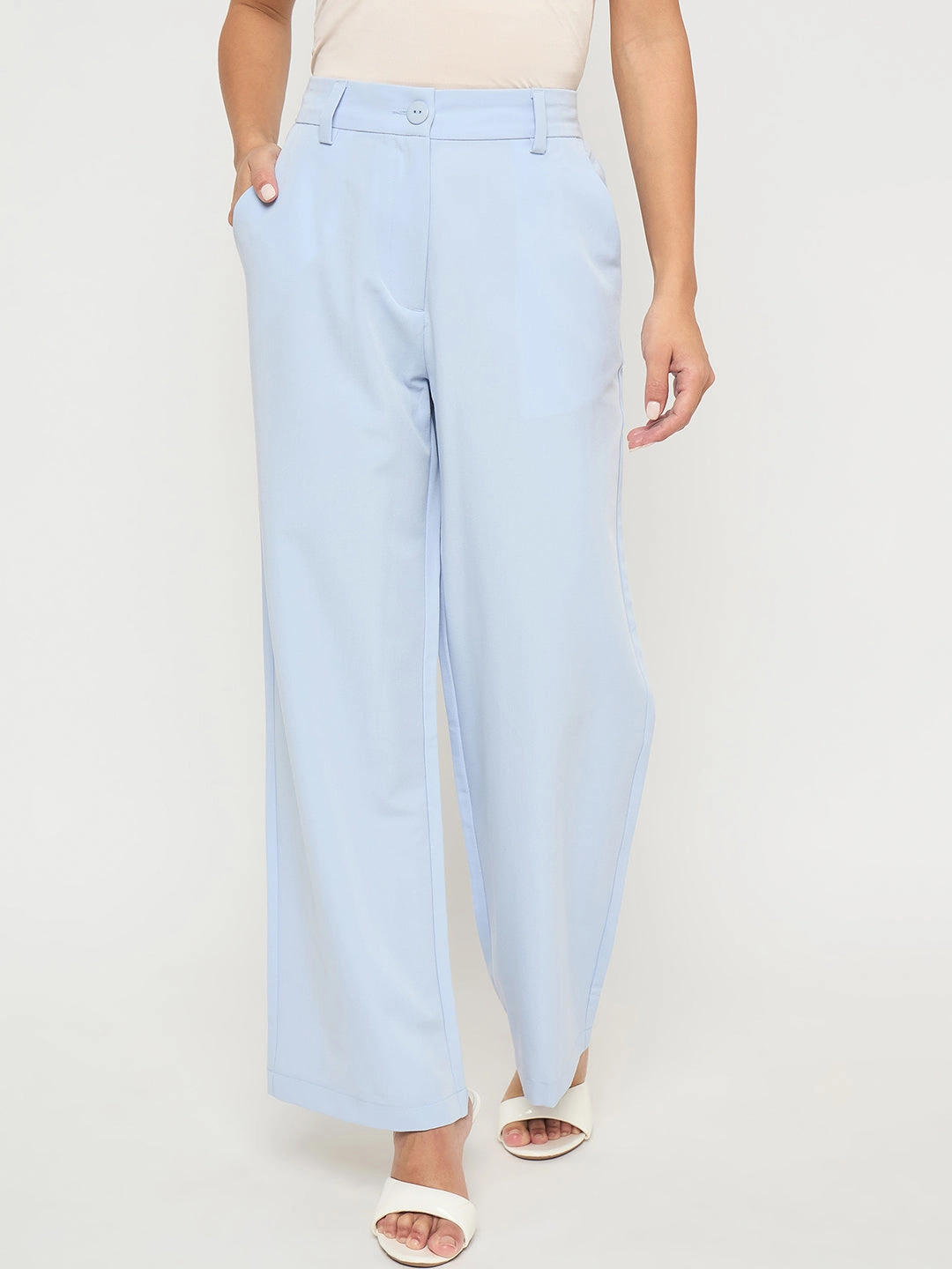 Madame Solid Sky Blue Straight Fit Trousers Performance Wear