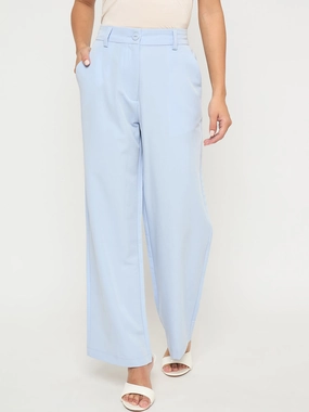 Madame Solid Sky Blue Straight Fit Trousers Performance Wear
