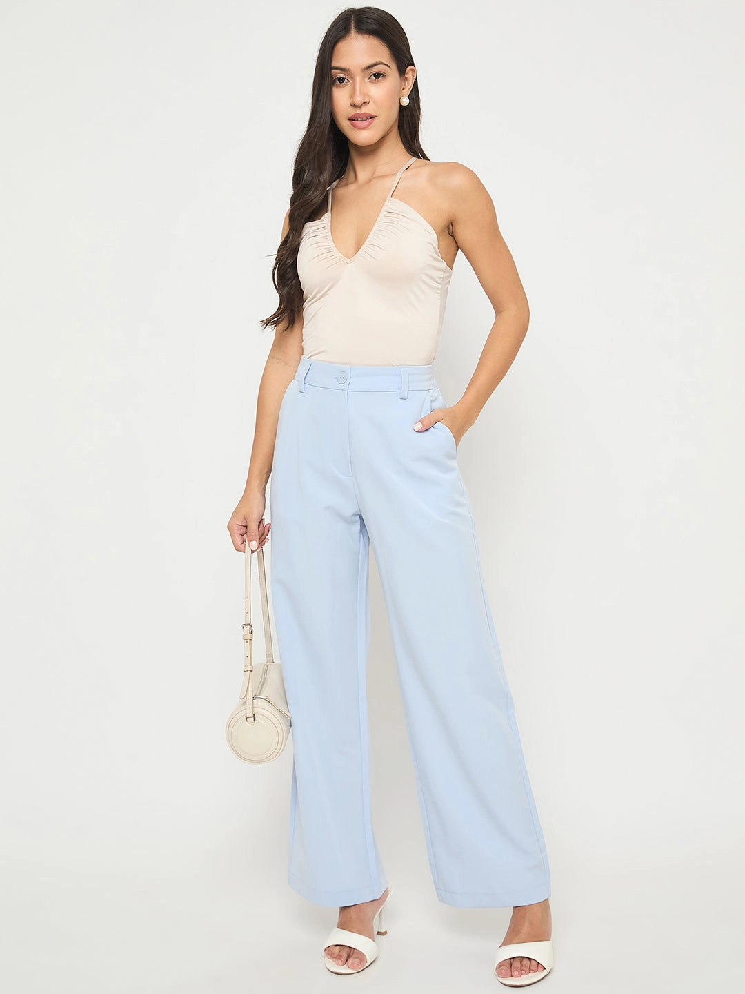 Perfect Design Active Look Madame Solid Sky Blue Straight Fit Trousers