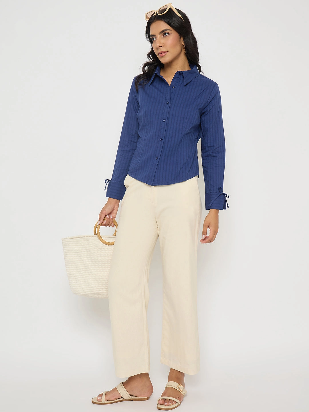 Moisture Wicking Technology Madame Solid Wide Leg Off White Rayon Blend Trousers