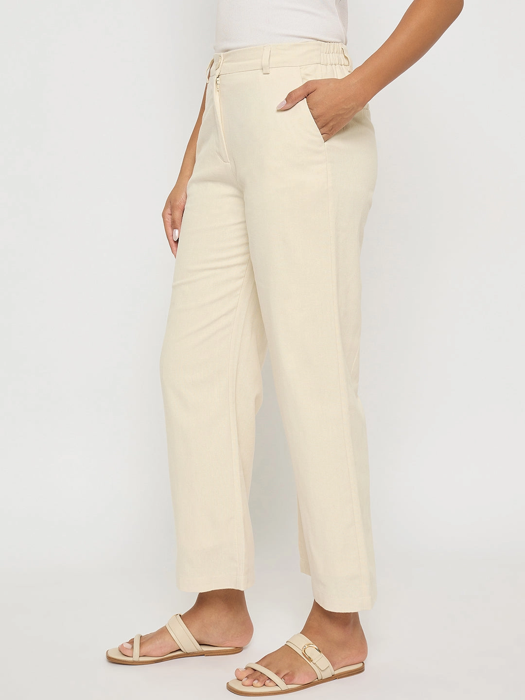 Perfectly Relaxed Bonded Seam Technology Madame Solid Wide Leg Off White Rayon Blend Trousers