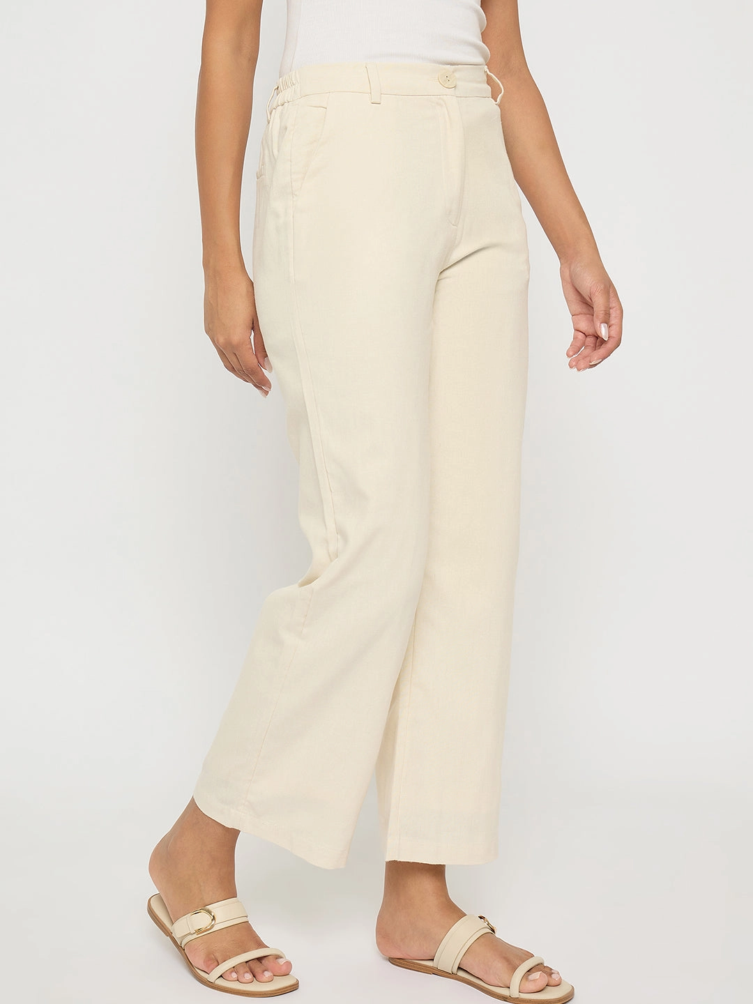 Comfy Texture Madame Solid Wide Leg Off White Rayon Blend Trousers