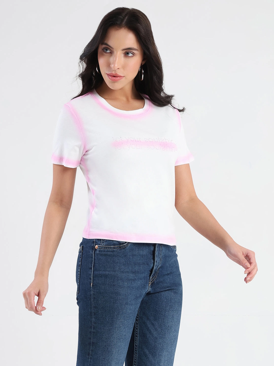 Madame Spray Painted Embellished Pink Cotton Crop T-shirt Self Fabric Tie Closure