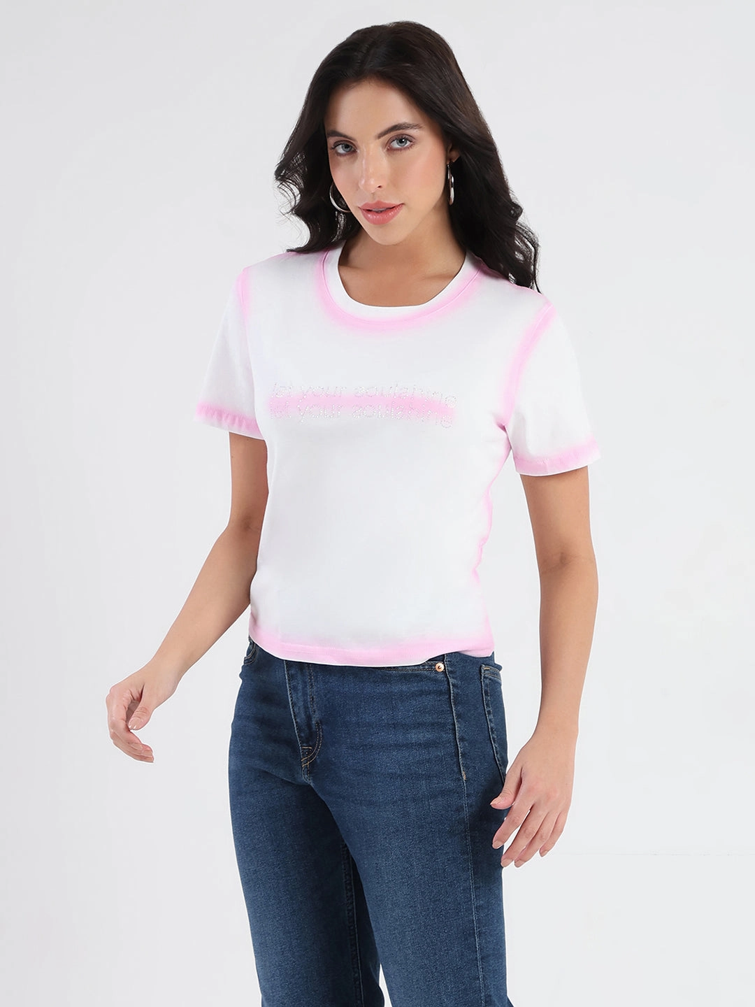 Madame Spray Painted Embellished Pink Cotton Crop T-shirt ReflectiveTrimDetails Curved Hem Design