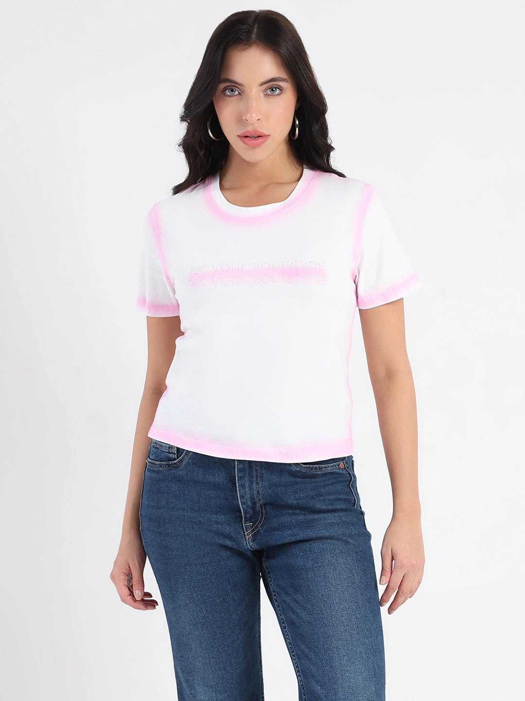 LayeredStyling Madame Spray Painted Embellished Pink Cotton Crop T-shirt