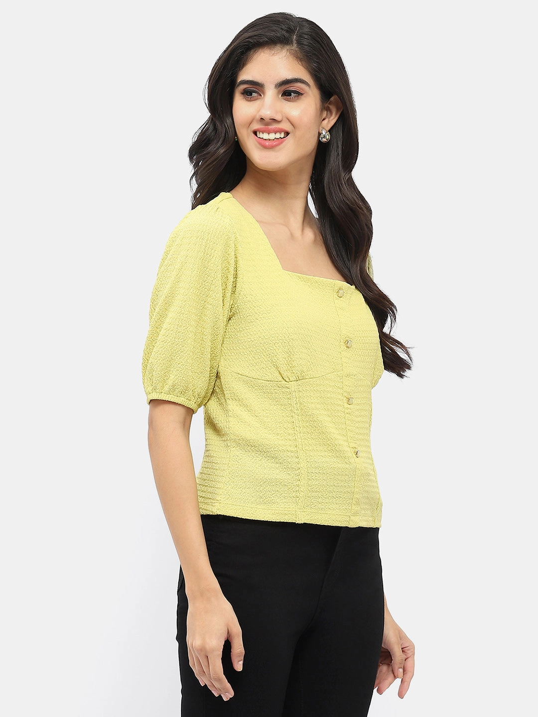 Madame Square Neck Lime Green Crinkled Top Summer Style