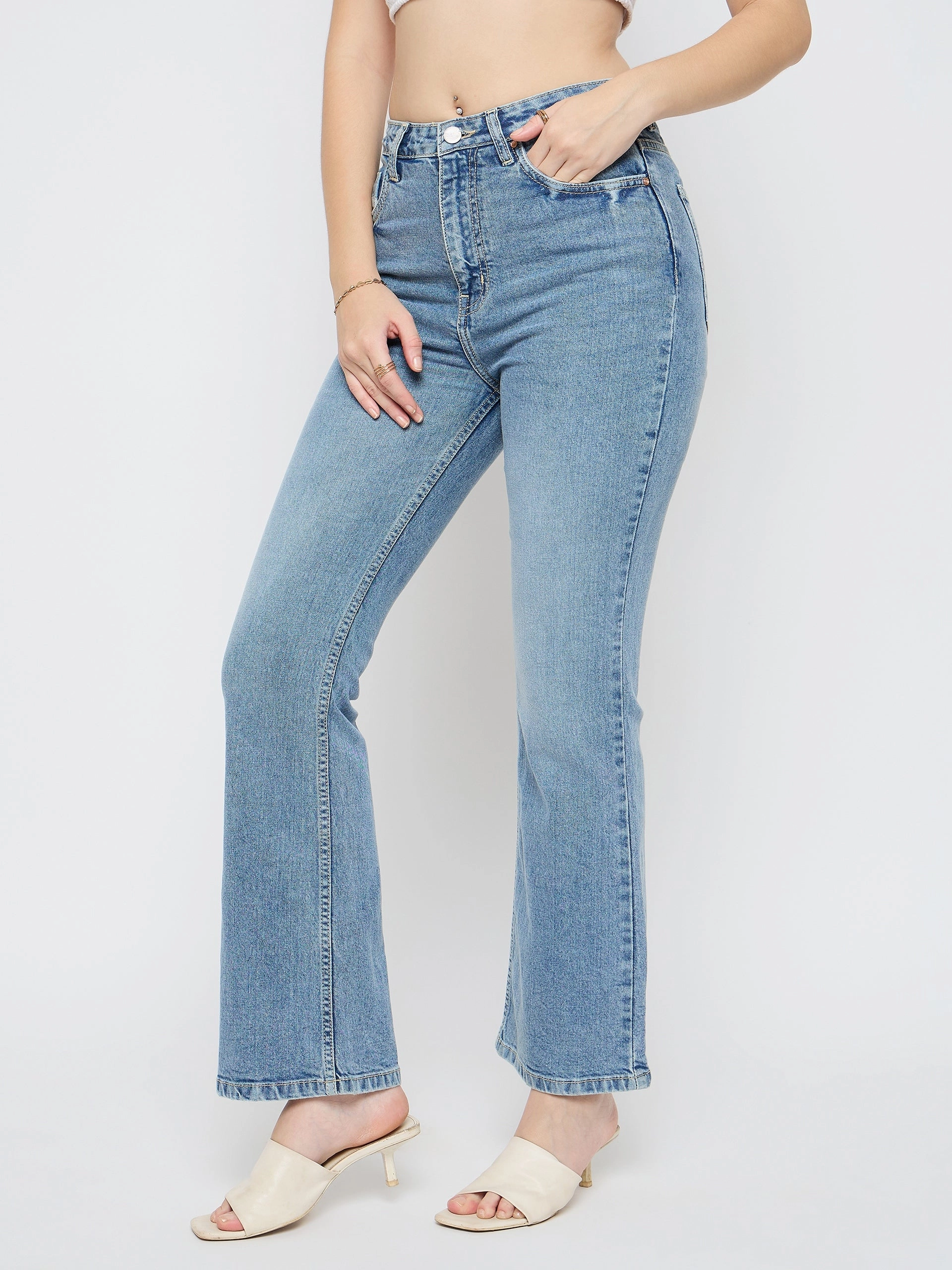 Madame Stone Wash Flared Light Blue Cotton Blend Jeans Neutral Loose