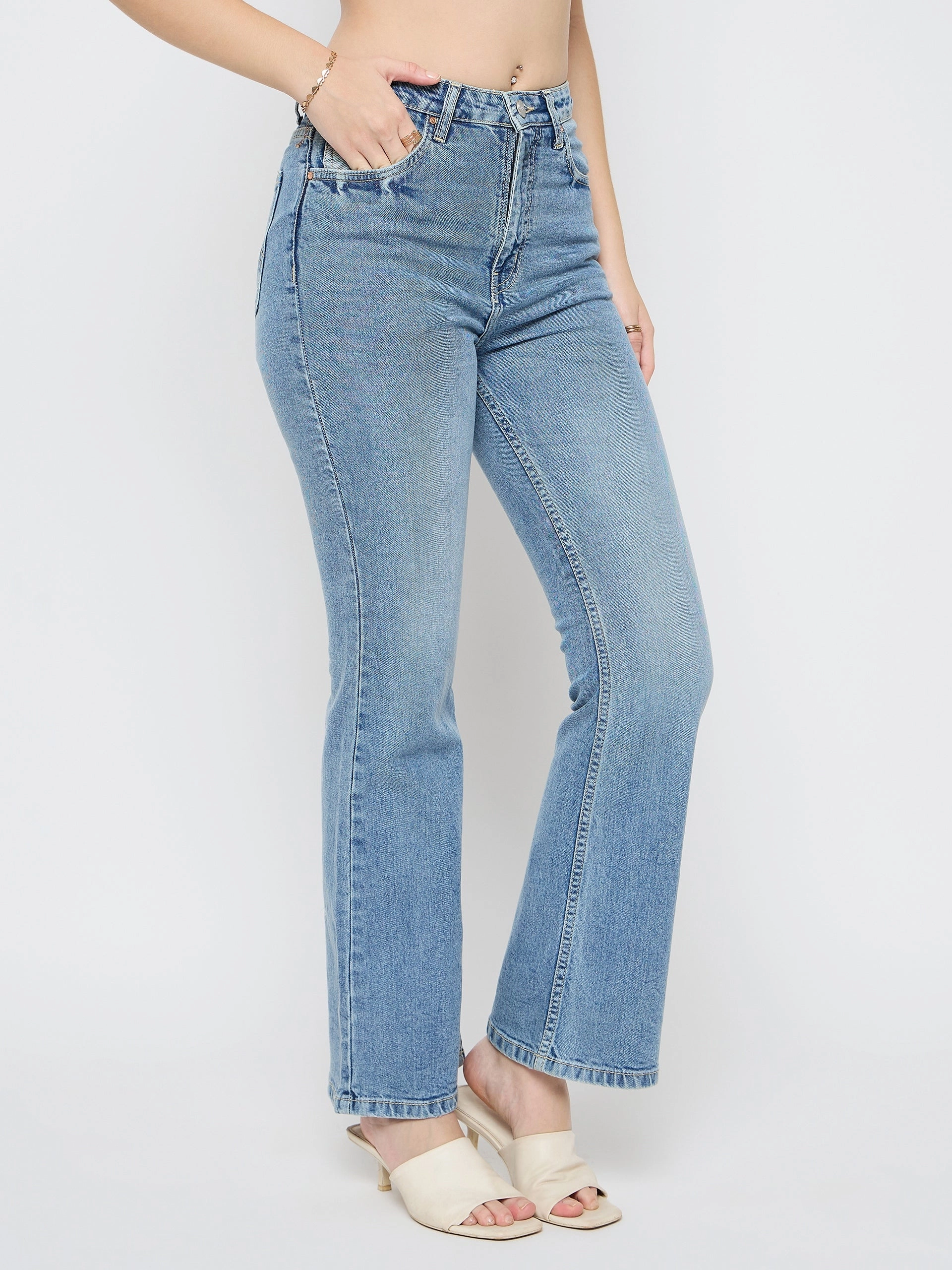 Morning Stroll Stretch Basic Comfort Madame Stone Wash Flared Light Blue Cotton Blend Jeans